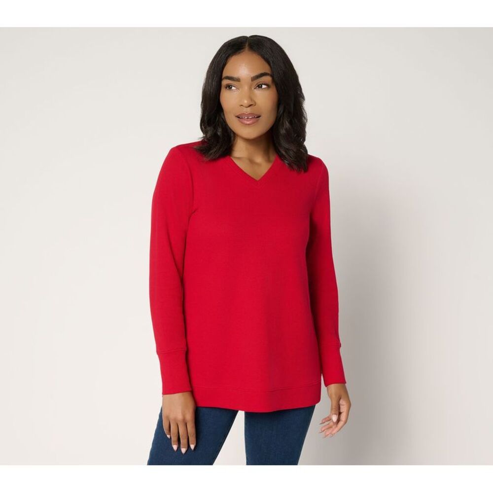 Denim & Co. Women's Top Sz M Essentials Waffle Knit V-Neck Tunic Red